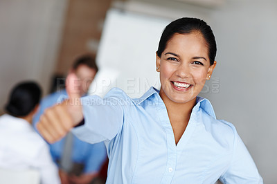 Buy stock photo Woman, portrait and thumbs up in business office, corporate employee and company approval for goals or targets. Hand gesture, professional and great or good feedback, smile and confident or well done