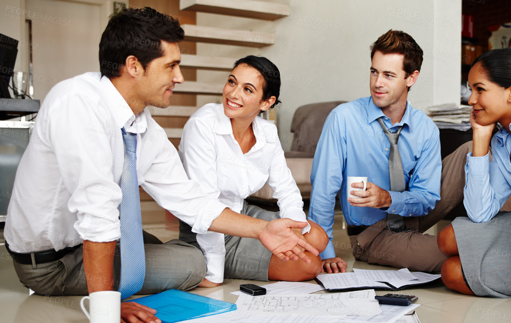 Buy stock photo Business people, brainstorming and architecture design collaboration with blueprint and teamwork on ground. Builder, office and engineer with construction and floor plan advice at architect agency