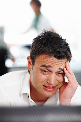 Buy stock photo Stress, confused and man in office with computer, glitch and online error connection on business website. Brain fog, fatigue and frustrated businessman at digital agency with anxiety, risk and doubt