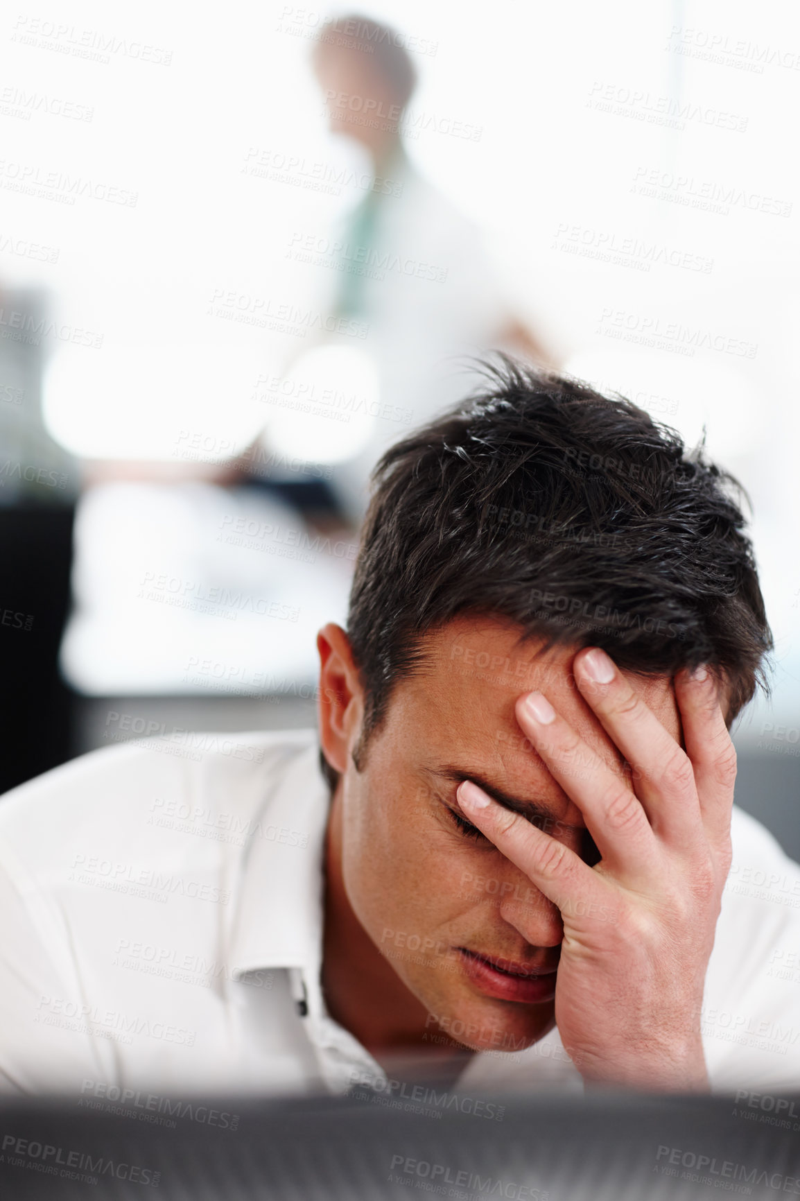 Buy stock photo Stress, fatigue and man in office with computer, glitch and online error connection at business. Burnout, tired and frustrated businessman at digital agency with anxiety, risk management or mistake