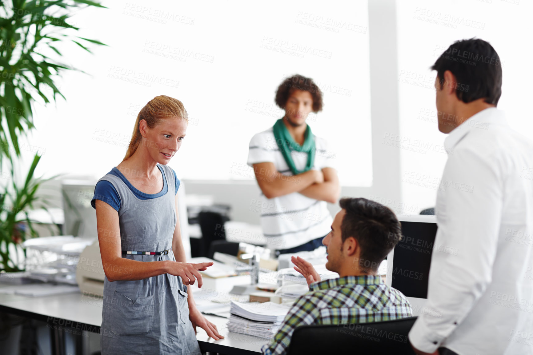 Buy stock photo Business people, disagreement and meeting with team for conflict resolution, mediation or dispute at office. Group of young employees in argument, conversation or discussion for compliance action