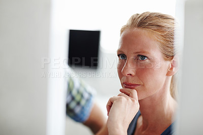 Buy stock photo Thinking, business woman and working on computer for startup, research and planning with ideas. Office, solution and social media manager with digital for report, content creation and creative agency