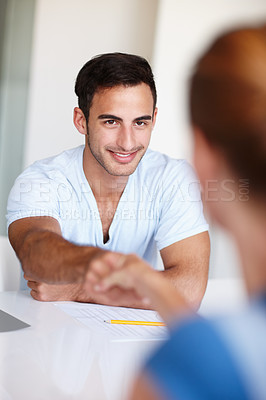 Buy stock photo Business people, handshake and meeting with partnership for introduction, greeting or b2b at office. Businessman shaking hands with colleague or employee for teamwork, deal or agreement at workplace