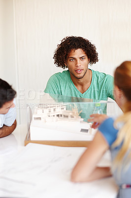 Buy stock photo People, architect and meeting with 3D model for construction planning, civil engineering or building at office. Group of industrial designers in team discussion with ideas for prototype or project