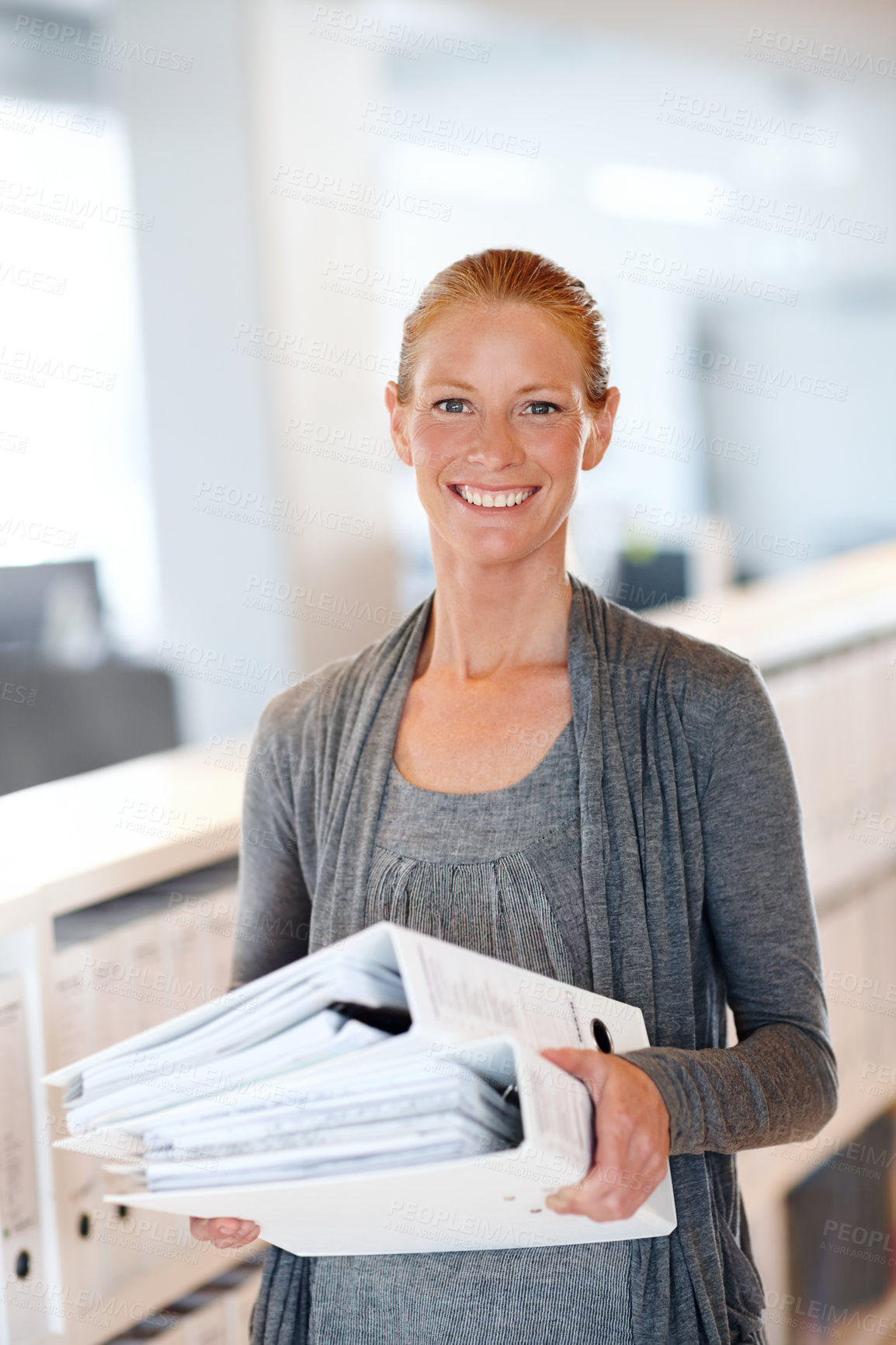 Buy stock photo Businesswoman, portrait or binder with documents in office for project management or progress report. Organize, paperwork and happy data entry clerk with folder for administration or deadline date