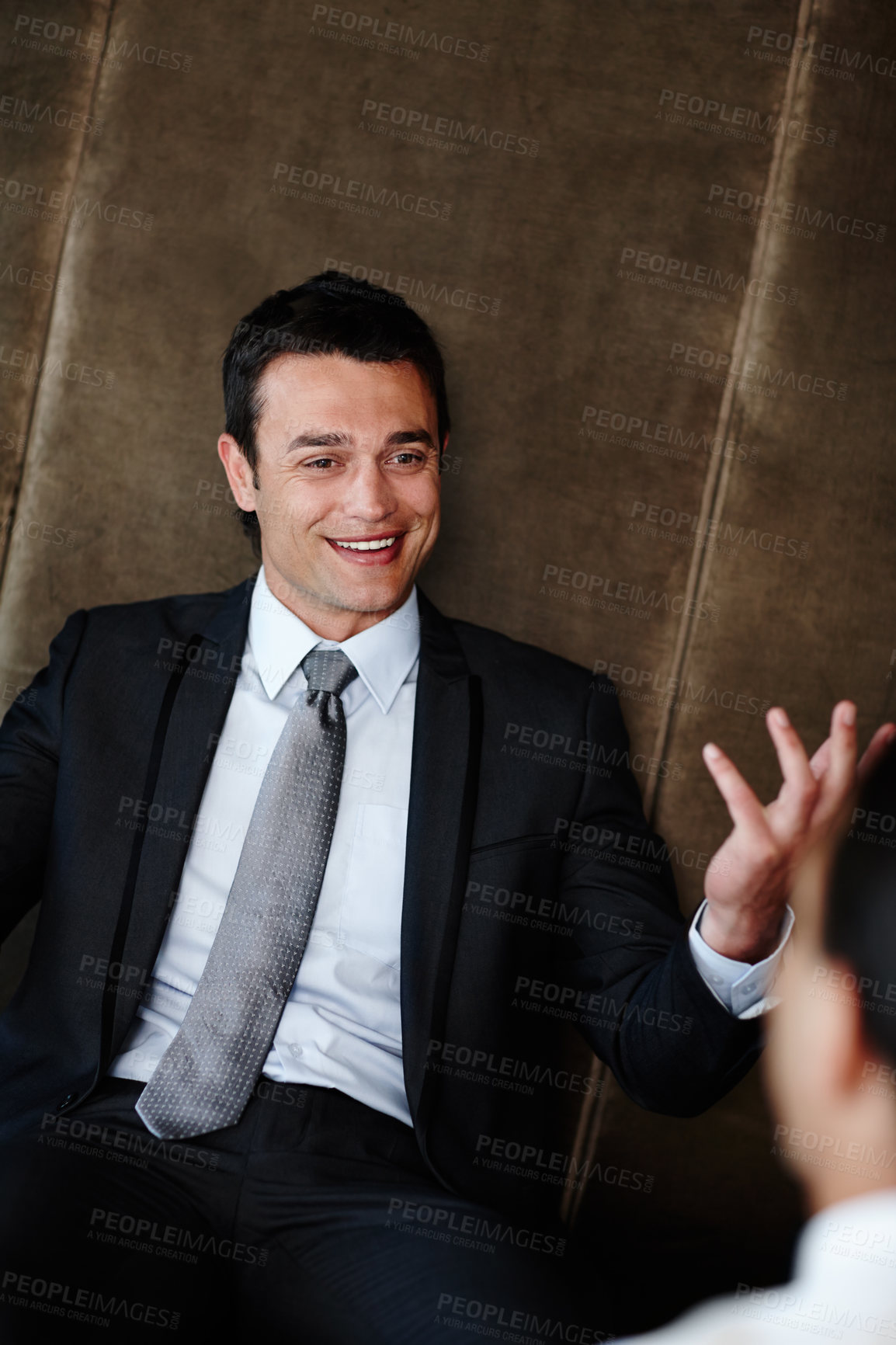 Buy stock photo Consulting, discussion and happy man in office for interview, proposal or job opportunity in business development. Conversation, recruitment or businessman in meeting with smile, negotiation or pitch