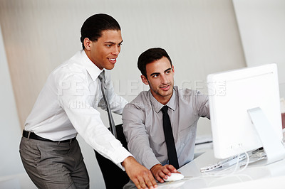 Buy stock photo Business people, employee and mentor with desktop in office, research and discussion for solution. Career, men or accountant with auditor for helping, training and computer for online evaluation