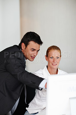 Buy stock photo Business people, woman and mentor with computer in office, research and discussion for problem solving. Career, job and accountant with auditor for helping, training and desktop for online evaluation