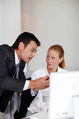 Buy stock photo Help, manager and business woman on computer with feedback, review and advice for project. Professional, corporate and worker with boss on pc for teamwork, job training and collaboration at desk