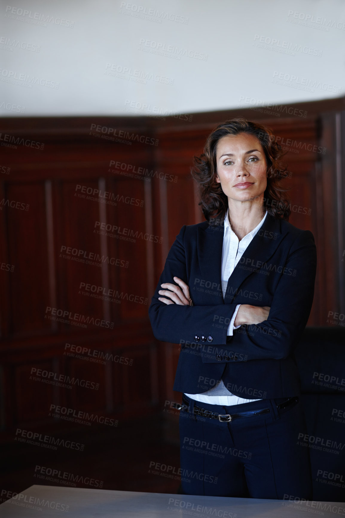 Buy stock photo Portrait, lawyer and woman with arms crossed in corporate office for business pride. Confidence, attorney and professional employee in courtroom with suit for legal system, justice and experience