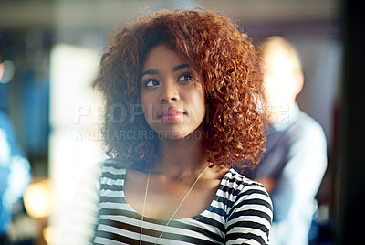 Buy stock photo Black woman, thinking and professional in creative business, idea and problem solving in office. Female person, planning and contemplating career opportunity at agency, consultant and employee