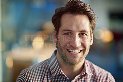 Buy stock photo businessman, happy and portrait in office for start up company, career and team leader. Male person, pride and management in professional workspace for meeting, investment or professional work.