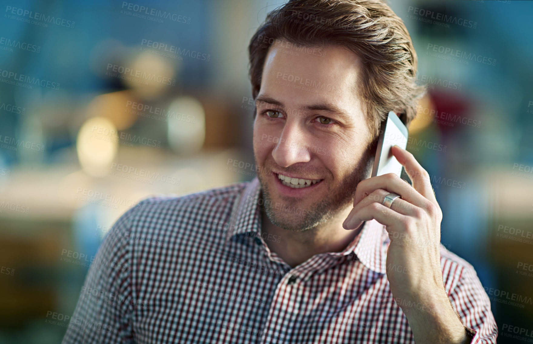 Buy stock photo Business man, phone call and talking to contact, networking and negotiation on deal for company. Male person, office and feedback on planning or proposal, consulting and communication on app for chat