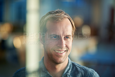 Buy stock photo Male designer, smile and office for company career or corporate planning in project management. Mature person or analyst and happy for business vision or innovative ideas on bokeh background