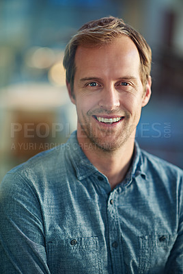 Buy stock photo Portrait of man, hr management and professional in office with smile for career, new project and startup as operations manager. Businessman, entrepreneur and person to manage resources or efficiency