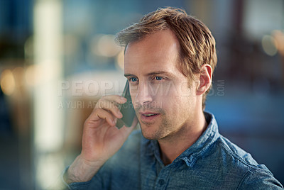 Buy stock photo Business man, phone call and talking on proposal, networking and negotiation on deal for company. Male person, happy and feedback on planning or sales, consulting and communication on app in office