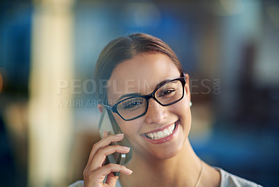 Buy stock photo Business woman, smile and cellphone conversation in office for communication, sales and corporate deals. Person, happy and talking on mobile device for agreement, negotiation and job opportunity