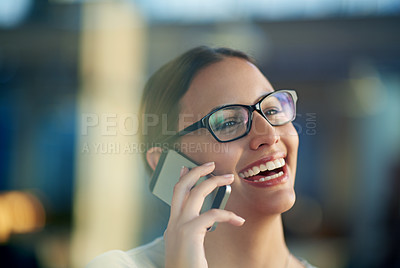 Buy stock photo Woman, glasses and phone call at office for business with communication, talking and graphic design. Workplace, agency job and mobile in hand for speaking conversation, internet and creative company