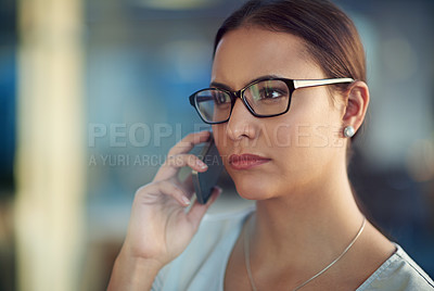 Buy stock photo Woman, serious and phone call at office for business with communication, talking and graphic design. Workplace, agency job and mobile in hand for speaking conversation, internet and creative company