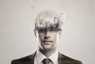 Buy stock photo Man, double exposure portrait and construction with city, ideas and mindset for urban development. Businessman, industry overlay and crane for production, building or manufacturing by gray background