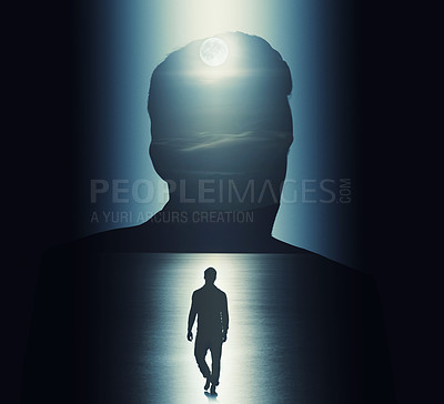 Buy stock photo Man, silhouette or moon as mystery, thriller or science fiction as vision of dark horror story. Person, figure or night as creative, art or design of mind, shadow or double exposure reflection mockup