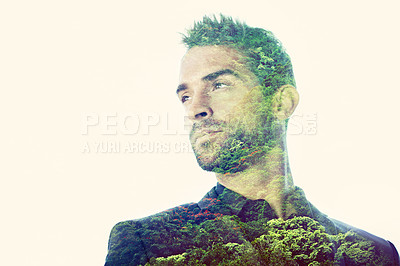 Buy stock photo Composite image of a handsome man superimposed with an image of a forest