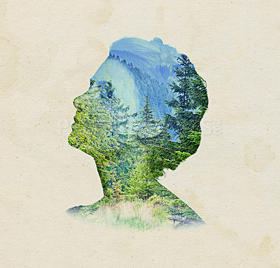 Buy stock photo Woman, face and double exposure with nature, forest or ideas for adventure, sustainability and mountains. Girl, brainstorming and vision with holographic overlay with trees, creativity or countryside