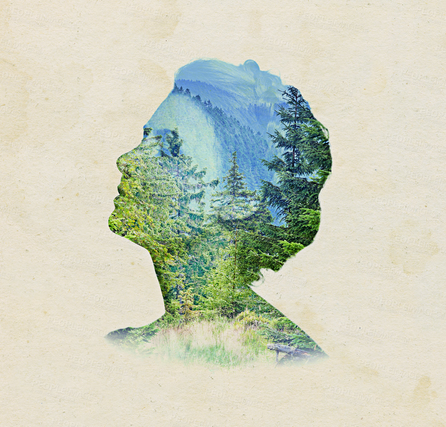 Buy stock photo Woman, face and double exposure with nature, forest or ideas for adventure, sustainability and mountains. Girl, brainstorming and vision with holographic overlay with trees, creativity or countryside