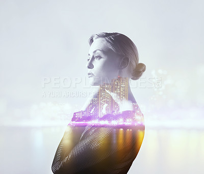 Buy stock photo Woman, city and night with double exposure, vision and fashion for fancy event, water and freedom. Girl, thinking and holographic overlay with buildings, skyline and bokeh light by urban cityscape