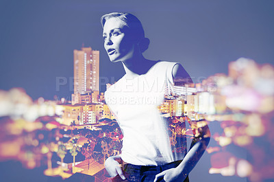 Buy stock photo Woman, city and night with double exposure, thinking and fashion for outdoor adventure, tourism and freedom. Girl, vision and holographic overlay with buildings, skyline and bokeh light by cityscape