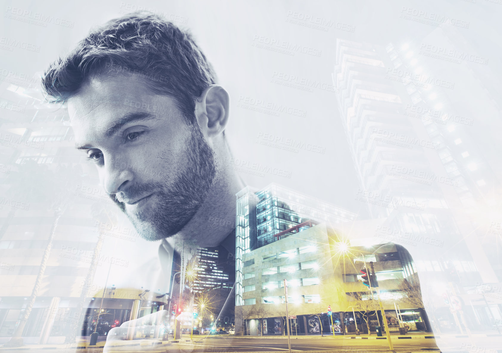 Buy stock photo Thinking, double exposure and man thinking about city at night or businessman with a vision for his urban town. Buildings, illustration and professional corporate person with creative idea in overlay