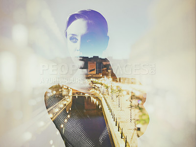 Buy stock photo Woman, buildings and night with double exposure, vision and fashion for fancy event, water or freedom by road. Girl, thinking and holographic overlay with cityscape, urban skyline or bokeh on street