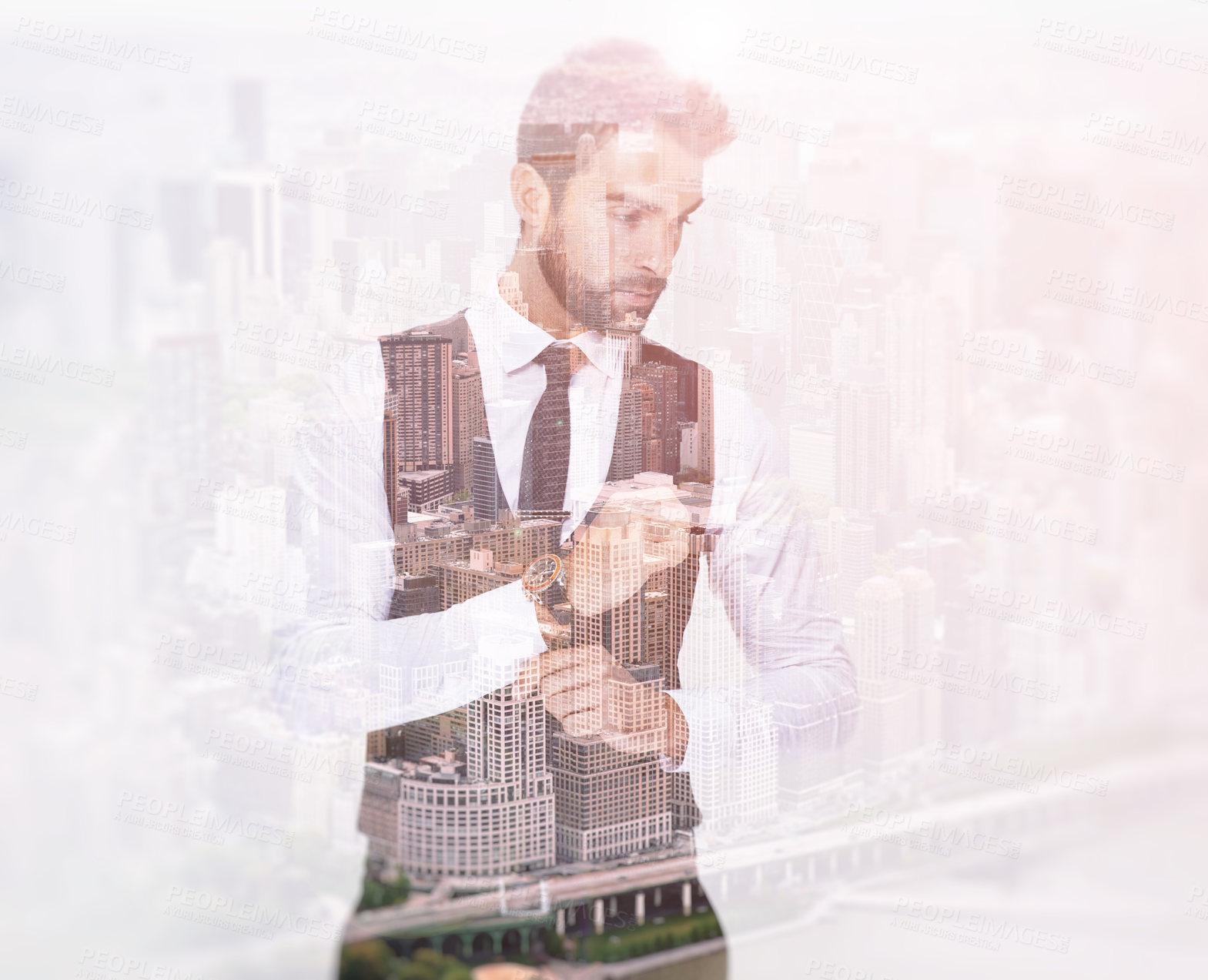 Buy stock photo Business man, city and double exposure, confident with professional mindset and abstract. Urban overlay with cityscape, corporate male person and career, mockup space with ambition and vision