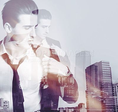 Buy stock photo Businessman, city double exposure and luxury suit with monochrome and art deco overlay. Buildings, formal fashion and worker with success of person with skyline and black and white effect