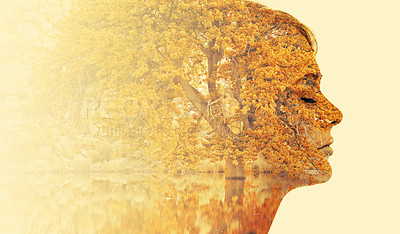 Buy stock photo Composite image of the natural world superimposed on a woman's profile