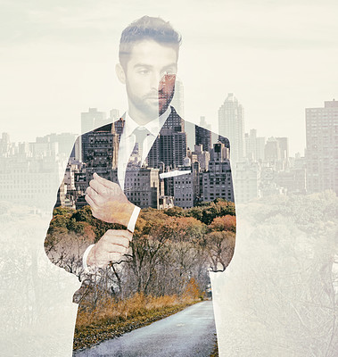 Buy stock photo Business man, confidence and city with double exposure, thinking with professional mindset and abstract. Urban overlay with cityscape, corporate male person with career, skyscraper and ambition