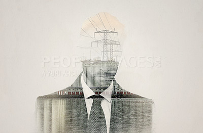 Buy stock photo Industry man, double exposure and engineering for electricity with sustainability, water and vision. Businessman, thinking and holographic overlay with development, hydroelectric energy and ideas