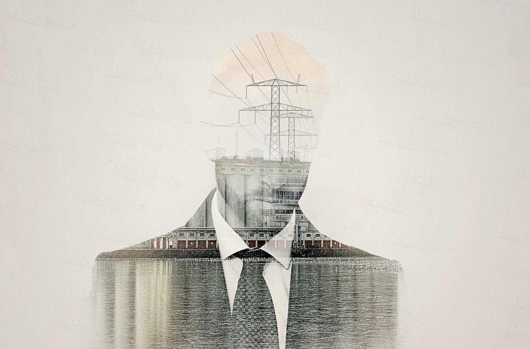 Buy stock photo Industry man, double exposure and engineering for electricity with sustainability, water and vision. Businessman, thinking and holographic overlay with development, hydroelectric energy and ideas