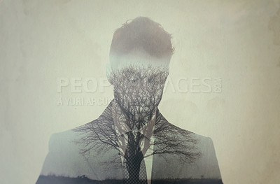 Buy stock photo Business man, double exposure and trees with suit, silhouette and sad for danger in environment. Sustainability, ecology and forrest with businessman, thinking and ideas with holographic overlay