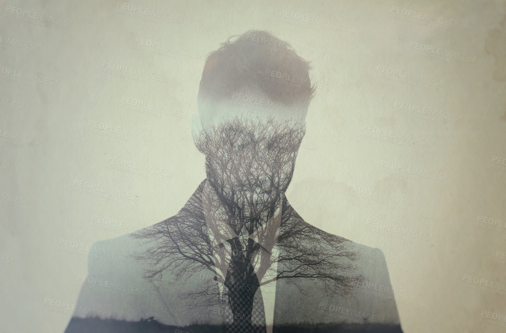 Buy stock photo Business man, double exposure and trees with suit, silhouette and sad for danger in environment. Sustainability, ecology and forrest with businessman, thinking and ideas with holographic overlay