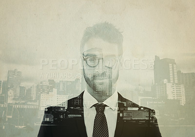 Buy stock photo Business man, urban portrait and double exposure with professional, cbd skyline and focus in suit. Young businessman, face or employee with overlay in urban metro with skyscraper, smile and vision