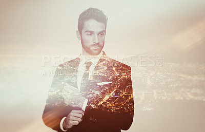 Buy stock photo Business man, city at night and double exposure, think with professional mindset and abstract. Urban overlay with cityscape, corporate male person and career, mockup space with ambition and confident