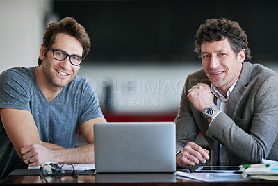 Buy stock photo Portrait, collaboration and men with laptop, creative and startup of agency, employees and designer. Technology, partnership and male people, online and career in company and working on project