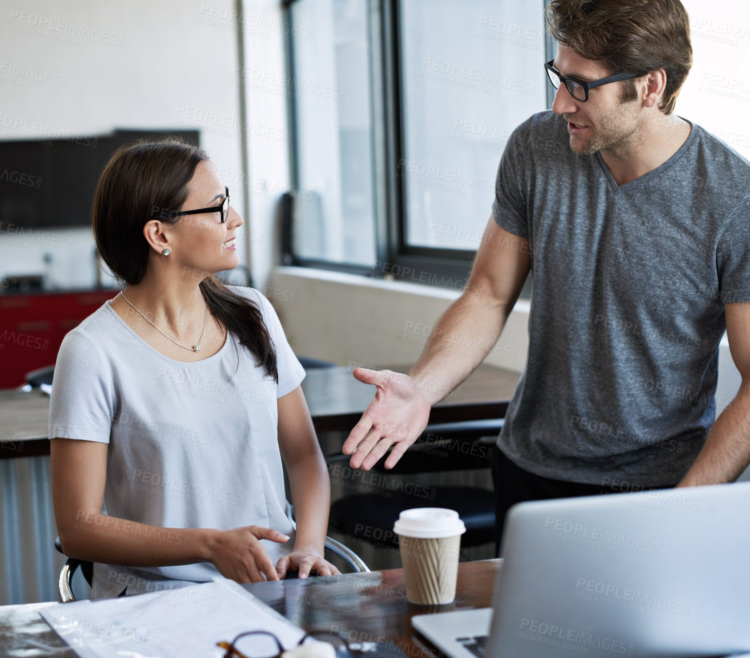 Buy stock photo Handshake, office and meeting for new colleague at work with greeting, gesture and teamwork. Man, woman and hand for welcome with laptop at desk for partnership in workplace for startup with people