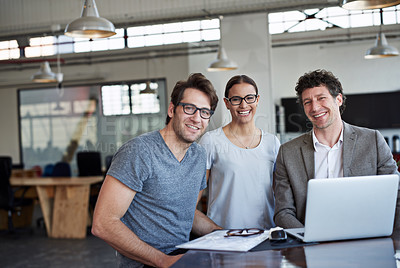 Buy stock photo Portrait, happy people and technology at agency for meeting with collaboration, office and web design. Laptop, teamwork and smiling employees in workplace for creative startup and project update