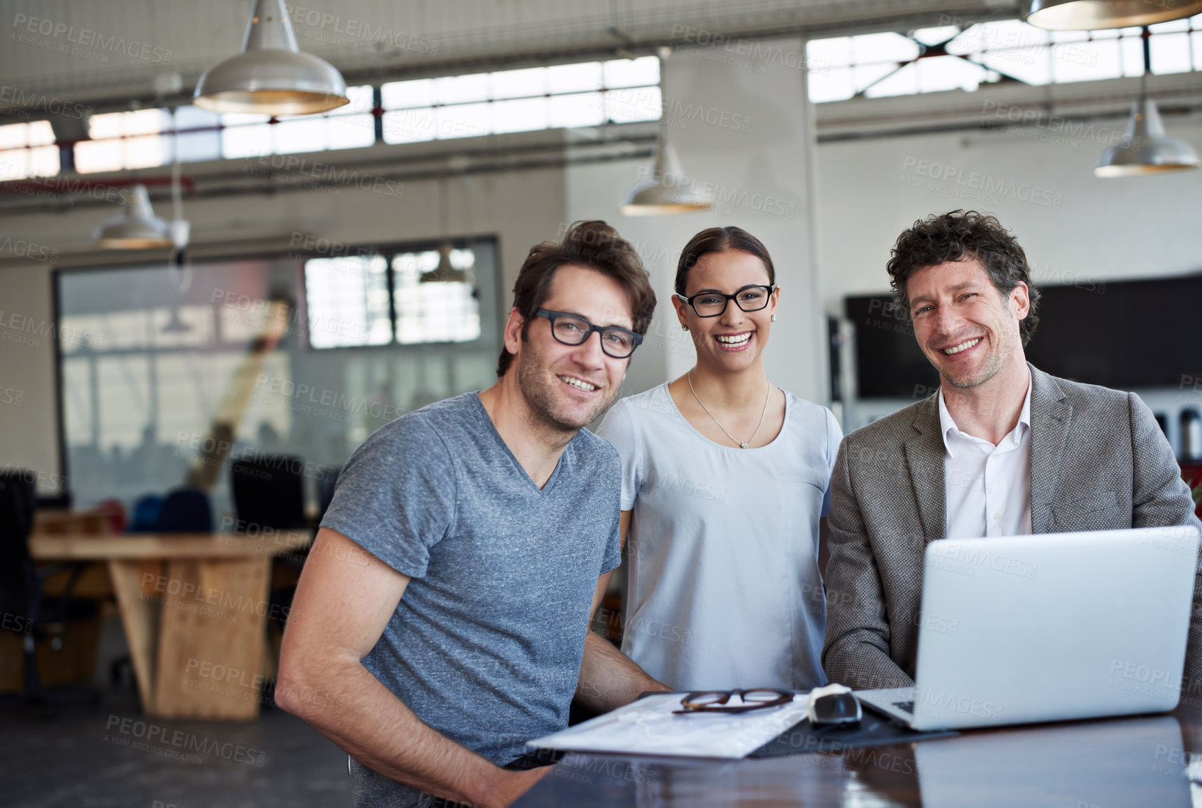 Buy stock photo Portrait, happy people and technology at agency for meeting with collaboration, office and web design. Laptop, teamwork and smiling employees in workplace for creative startup and project update