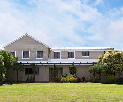 Buy stock photo Double storey, lawn or home in neighborhood, community or residential area in Dallas, Texas in USA. Background, outdoor yard or suburban house for investment project, property or real estate in town