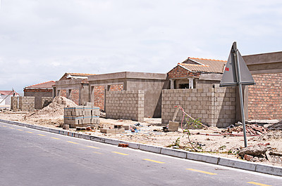 Buy stock photo House, worksite and real estate project for construction, development and dream home renovation. Property, brick wall and architecture with structure, building and suburban improvement and design