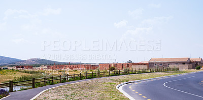 Buy stock photo Residential area, under construction and secure path for walking, cycling or pedestrians. Architecture, development and building for commercial real estate, family homes or community housing
