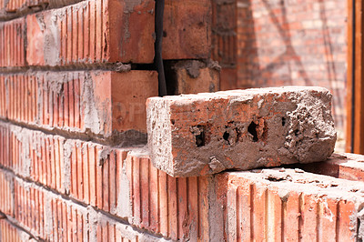 Buy stock photo House, brick and real estate project for construction, development and dream home renovation. Property, building wall and architecture with structure, worksite and suburban improvement and design